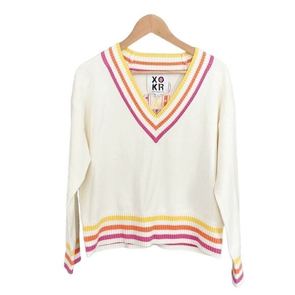XOKR Kerri Rosenthal Get Happy Preppy V-Neck Sweater - Picture 1 of 6